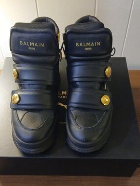 Balmain Black High-Top Sneakers with Gold Buttons